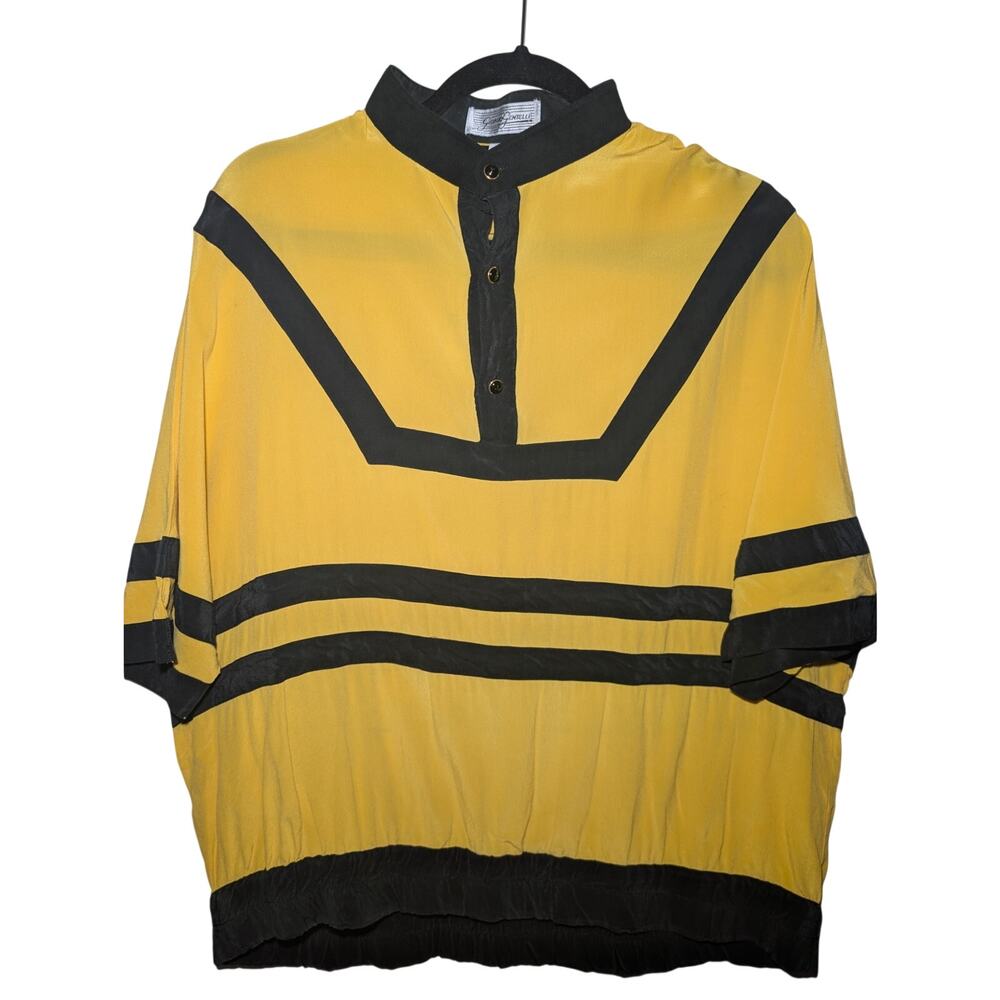 Georgio Gentelli vintage silk suede yellow black short sleeve women's blouse‎ L